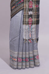 Grey Plain Linen Cotton Saree with Contrast Tribal Motif Border and Blouse
