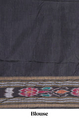 Grey Plain Linen Cotton Saree with Contrast Tribal Motif Border and Blouse
