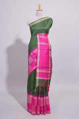 Green Plain Linen Cotton Saree with Contrast Geometric Design Border and Blouse