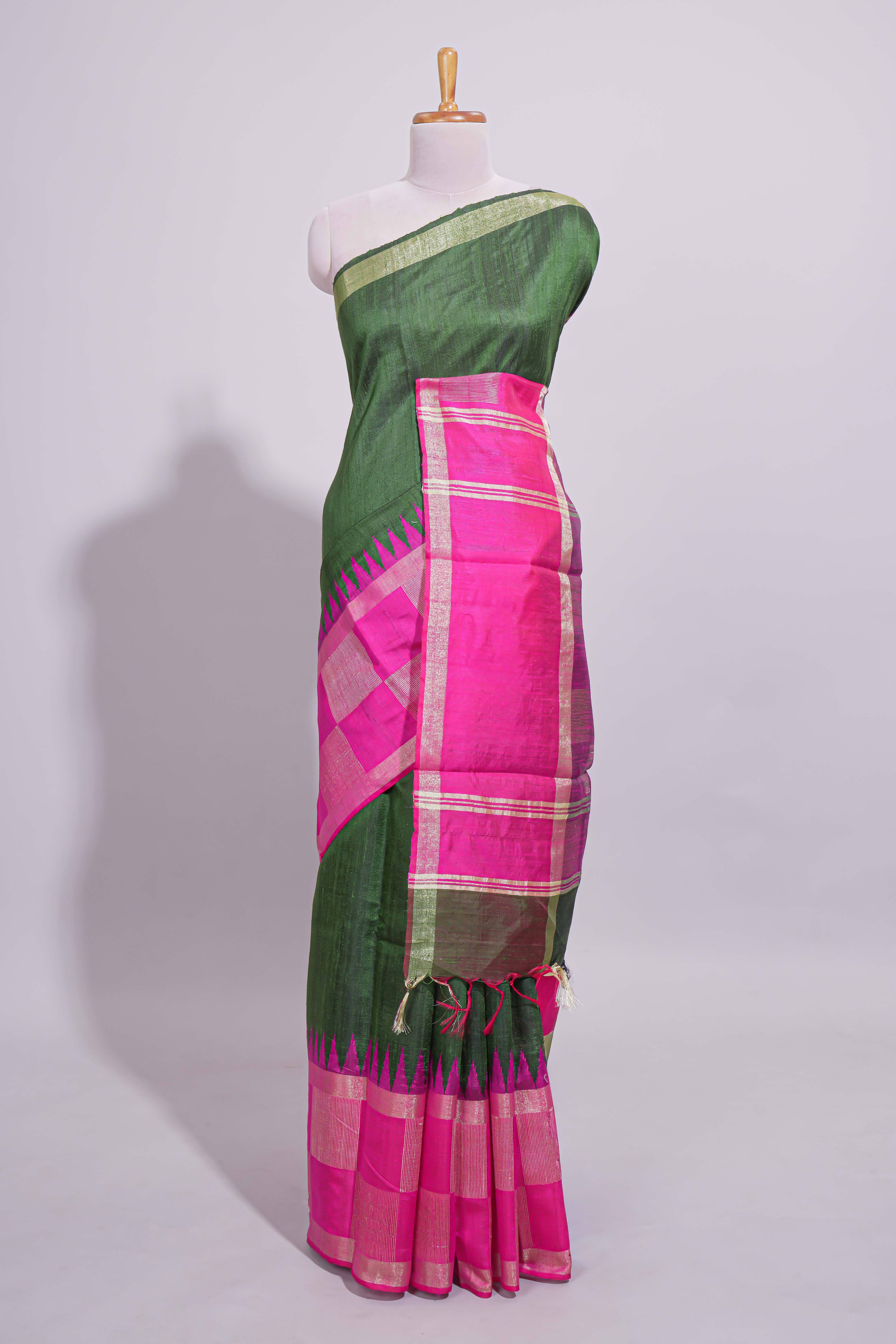 Green Plain Linen Cotton Saree with Contrast Geometric Design Border and Blouse
