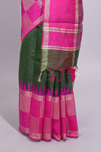 Green Plain Tussar Saree with Contrast Geometric Design Border and Blouse