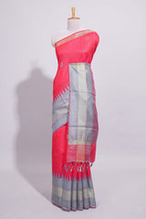 Red Geometric Design Tussar Saree with Contrast Border and Blouse