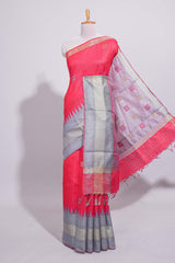 Red Geometric Design Tussar Saree with Contrast Border and Blouse