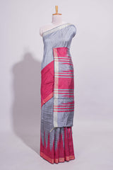 Grey Plain Art Tussar Saree with Self Border and Contrast Blouse