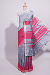 Grey Plain Art Tussar Saree with Self Border and Contrast Blouse