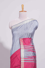 Grey Plain Art Tussar Saree with Self Border and Contrast Blouse