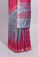 Grey Plain Art Tussar Saree with Self Border and Contrast Blouse