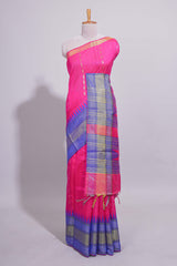 Pink Zari Design Art Tussar Saree with Self Zari Border and Contrast Blouse