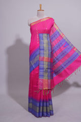 Pink Zari Design Art Tussar Saree with Self Zari Border and Contrast Blouse