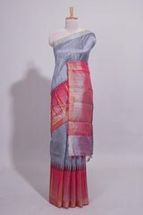 Grey Plain Art Tussar Saree with Self Zari Border and Contrast Blouse