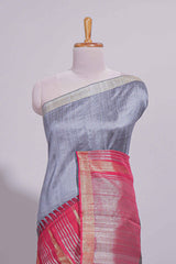 Grey Plain Art Tussar Saree with Self Zari Border and Contrast Blouse