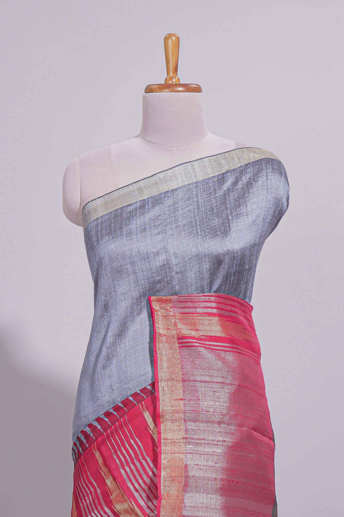 Grey Plain Art Tussar Saree with Self Zari Border and Contrast Blouse
