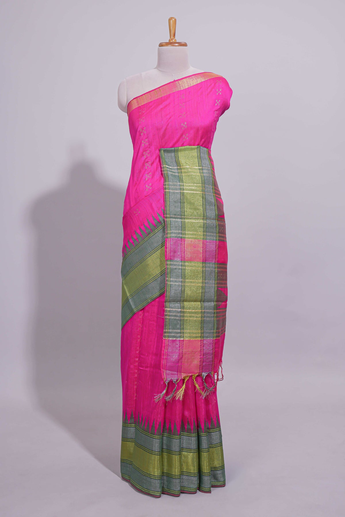 Hot Pink Zari Design Art Tussar Saree with Green Self Zari Border and Contrast Blouse