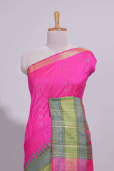 Hot Pink Zari Design Art Tussar Saree with Green Self Zari Border and Contrast Blouse