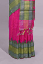Hot Pink Zari Design Art Tussar Saree with Green Self Zari Border and Contrast Blouse