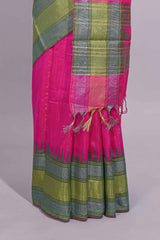 Hot Pink Zari Design Art Tussar Saree with Green Self Zari Border and Contrast Blouse