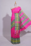 Hot Pink Zari Design Art Tussar Saree with Green Self Zari Border and Contrast Blouse