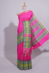 Hot Pink Zari Design Art Tussar Saree with Green Self Zari Border and Contrast Blouse