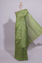 Borderless green vertical striped  zari design art tussar saree with self pallu and matching blouse