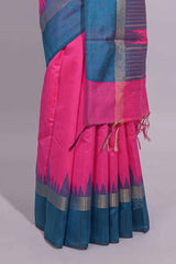 Pink Plain Art Tussar Saree with Contrast Border and Blouse