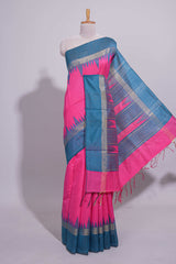 Pink Plain Art Tussar Saree with Contrast Border and Blouse