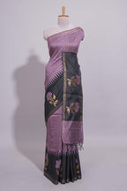 Lavender Checked Art Tussar Saree with Zari Floral Motifs Border and Contrast Blouse