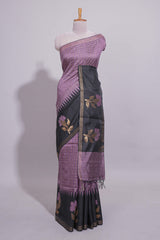 Lavender Checked Art Tussar Saree with Zari Floral Motifs Border and Contrast Blouse