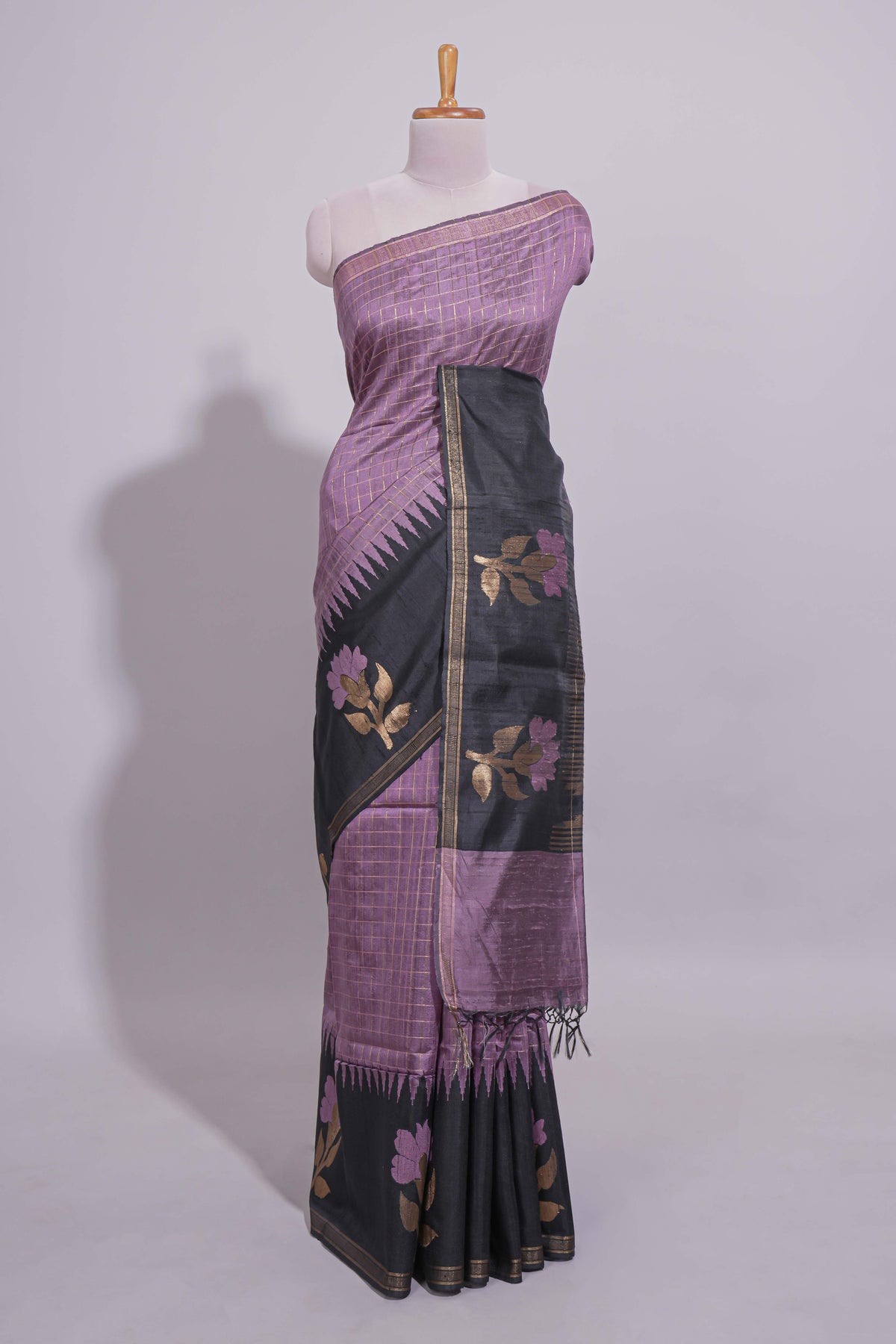 Lavender Checked Art Tussar Saree with Zari Floral Motifs Border and Contrast Blouse
