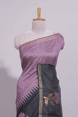 Lavender Checked Art Tussar Saree with Zari Floral Motifs Border and Contrast Blouse
