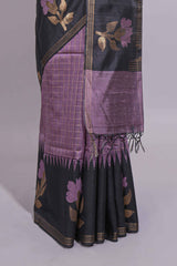 Lavender Checked Art Tussar Saree with Zari Floral Motifs Border and Contrast Blouse
