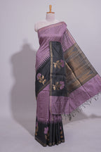Lavender Checked Art Tussar Saree with Zari Floral Motifs Border and Contrast Blouse