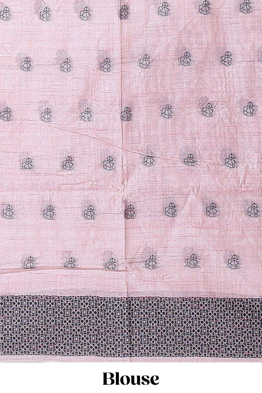 Blush pink with charcoal grey floral print tussar saree with self sleek serrated border and matching blouse