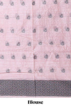 Blush pink with charcoal grey floral print tussar saree with self sleek serrated border and matching blouse