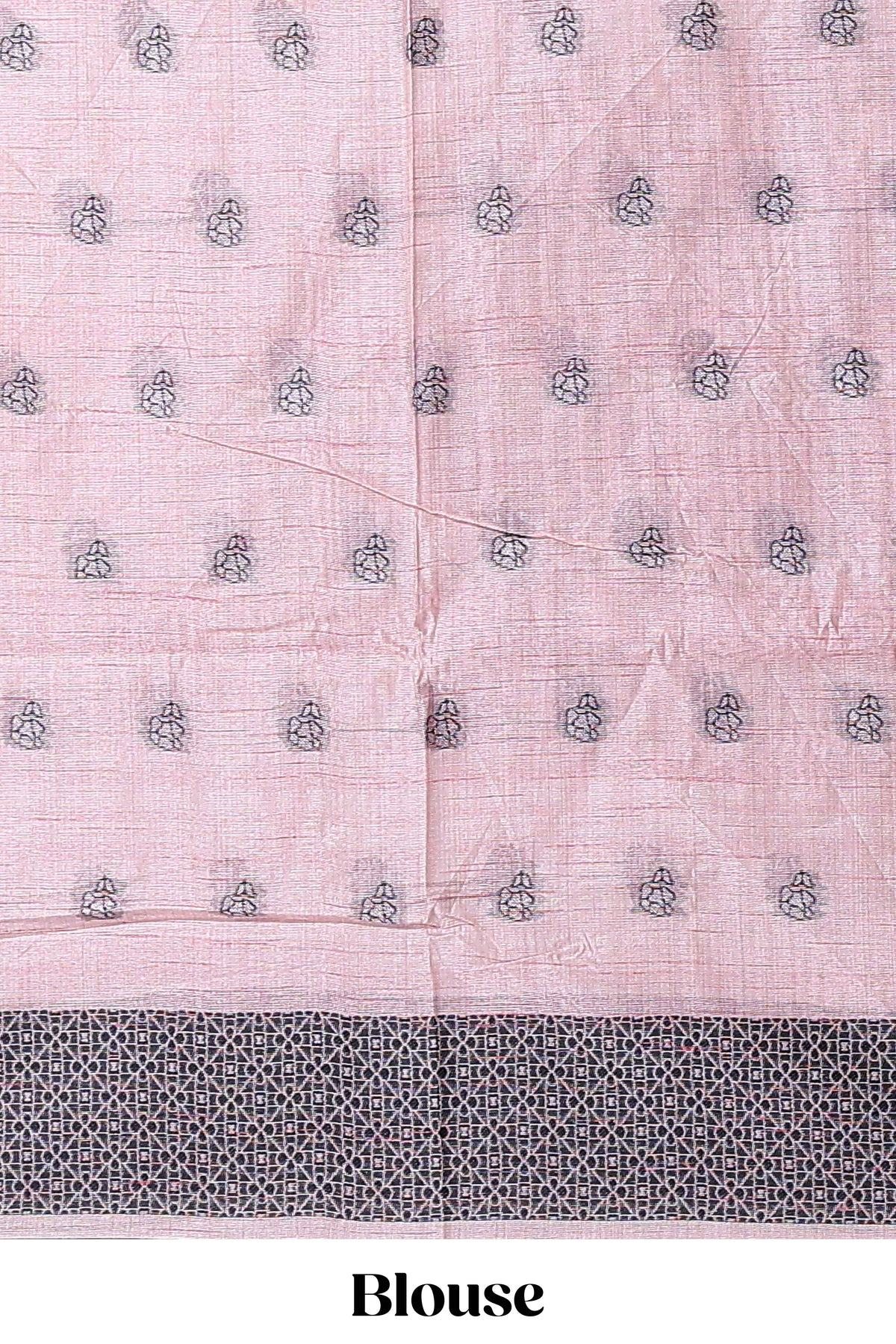 Blush pink with charcoal grey floral print tussar saree with self sleek serrated border and matching blouse