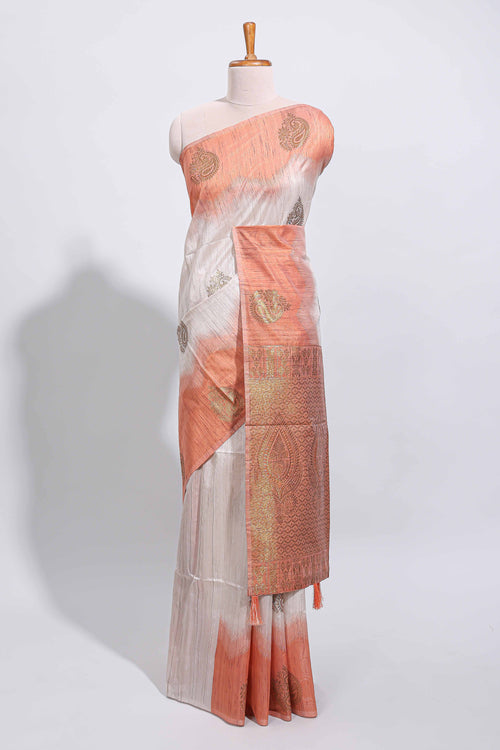 Off white zari designed tussar saree with contrast tie-dye blended border and blouse