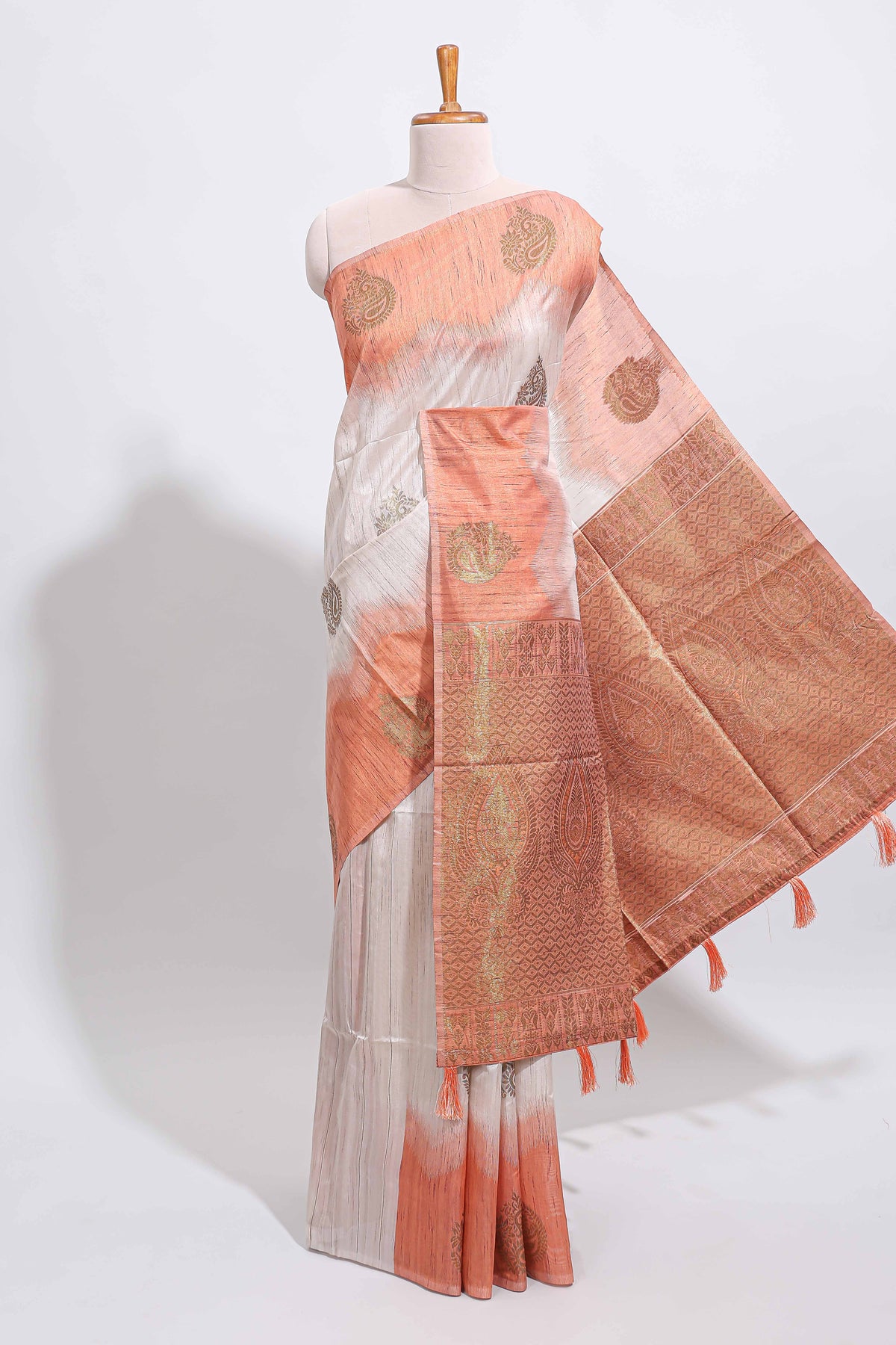 Off white zari designed tussar saree with contrast tie-dye blended border and blouse