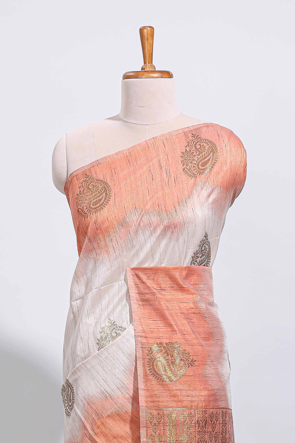 Off white zari designed tussar saree with contrast tie-dye blended border and blouse