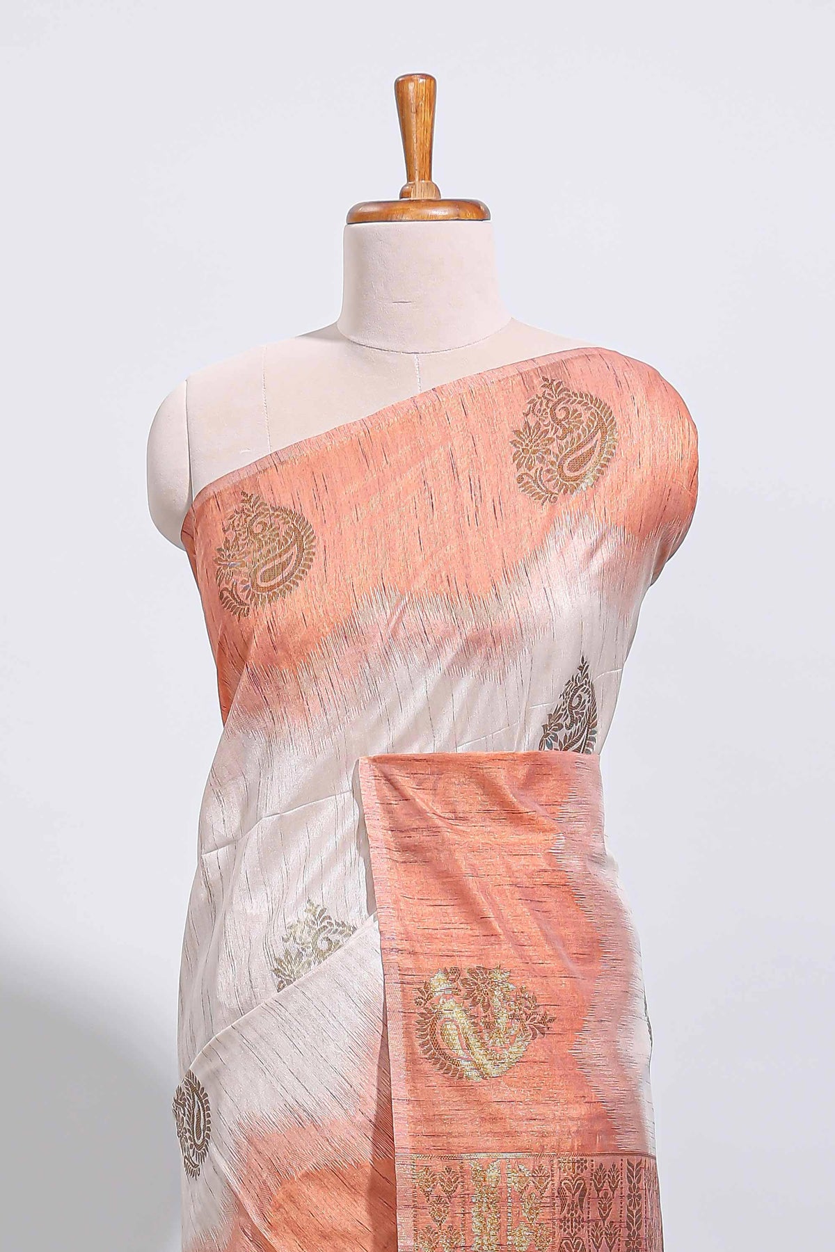 Off white zari designed tussar saree with contrast tie-dye blended border and blouse