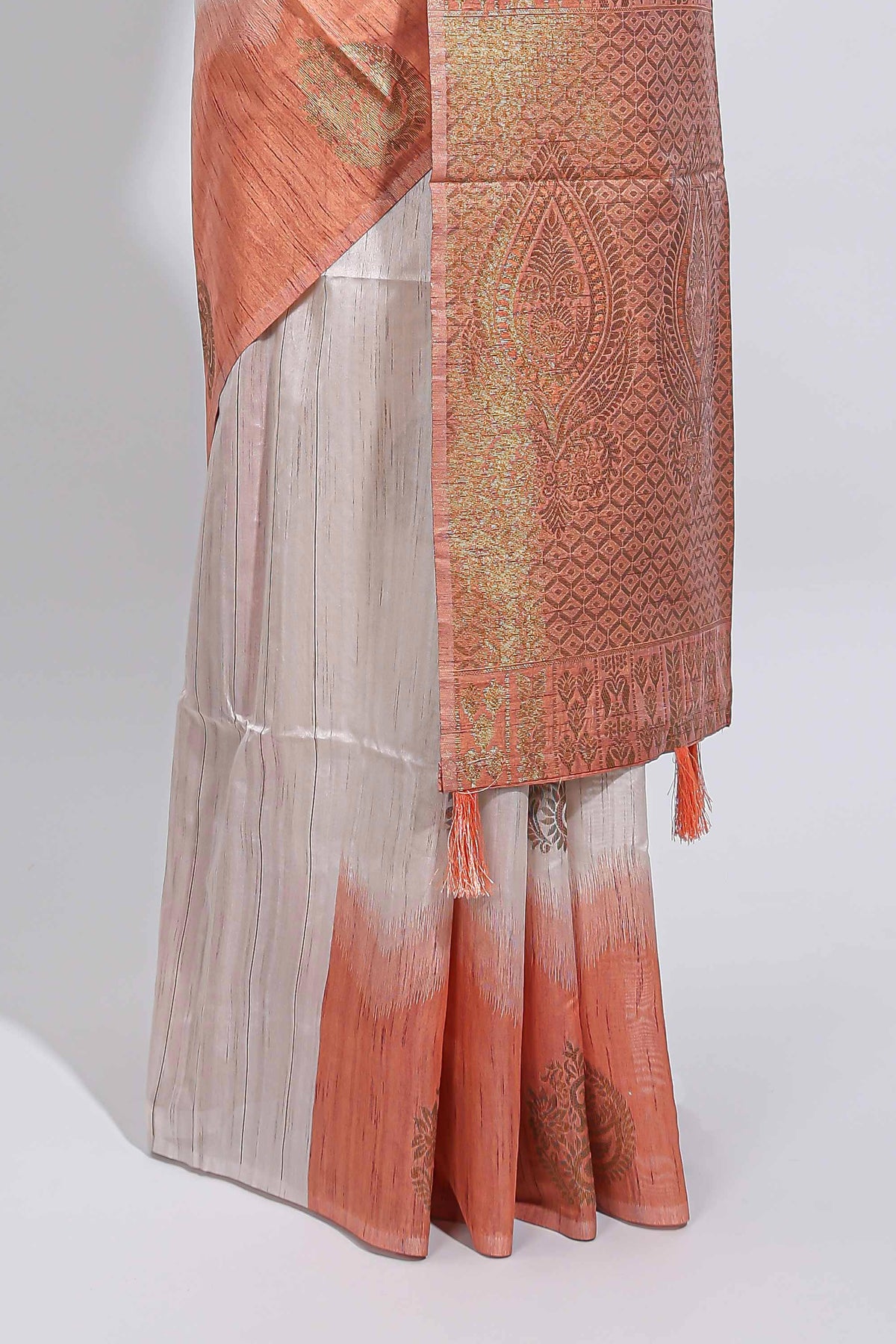 Off white zari designed tussar saree with contrast tie-dye blended border and blouse