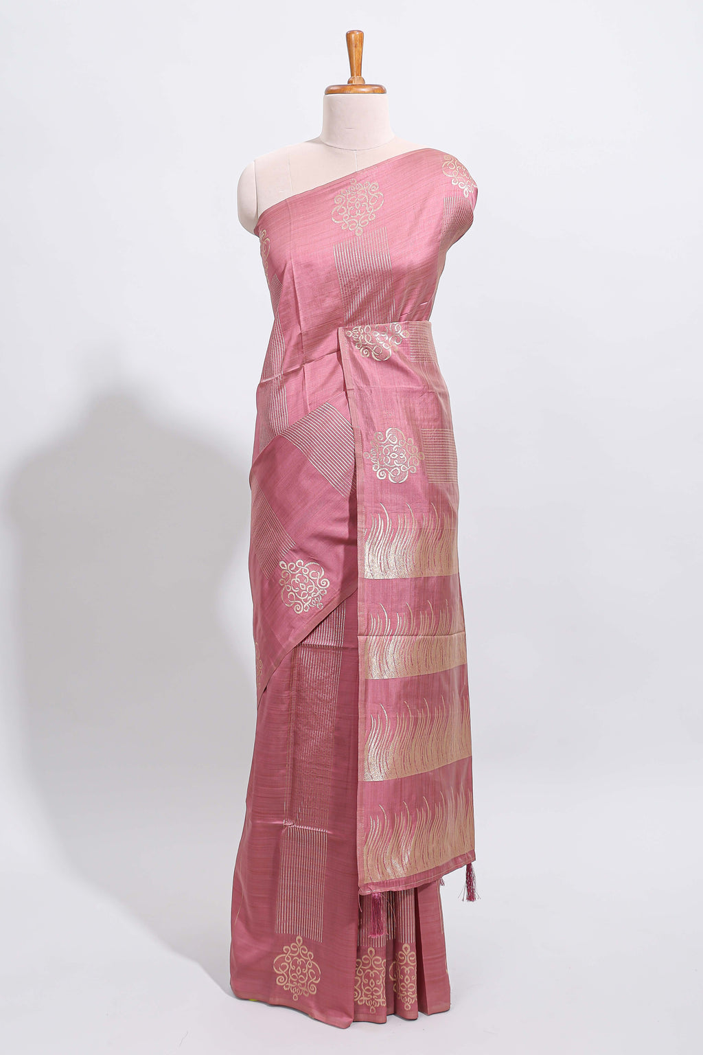 Borderless onion pink striped zari panels tussar saree with self pallu and matching blouse