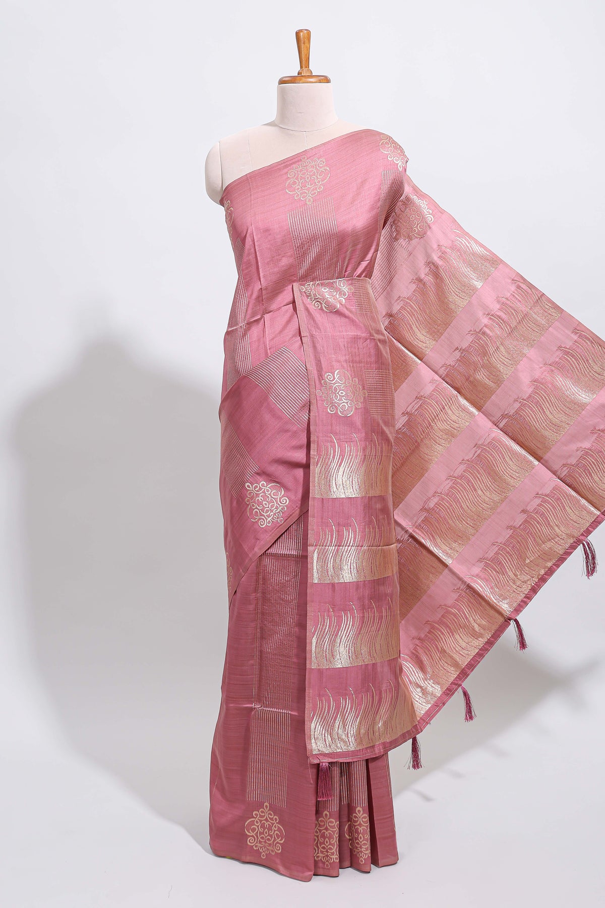 Borderless onion pink striped zari panels tussar saree with self pallu and matching blouse