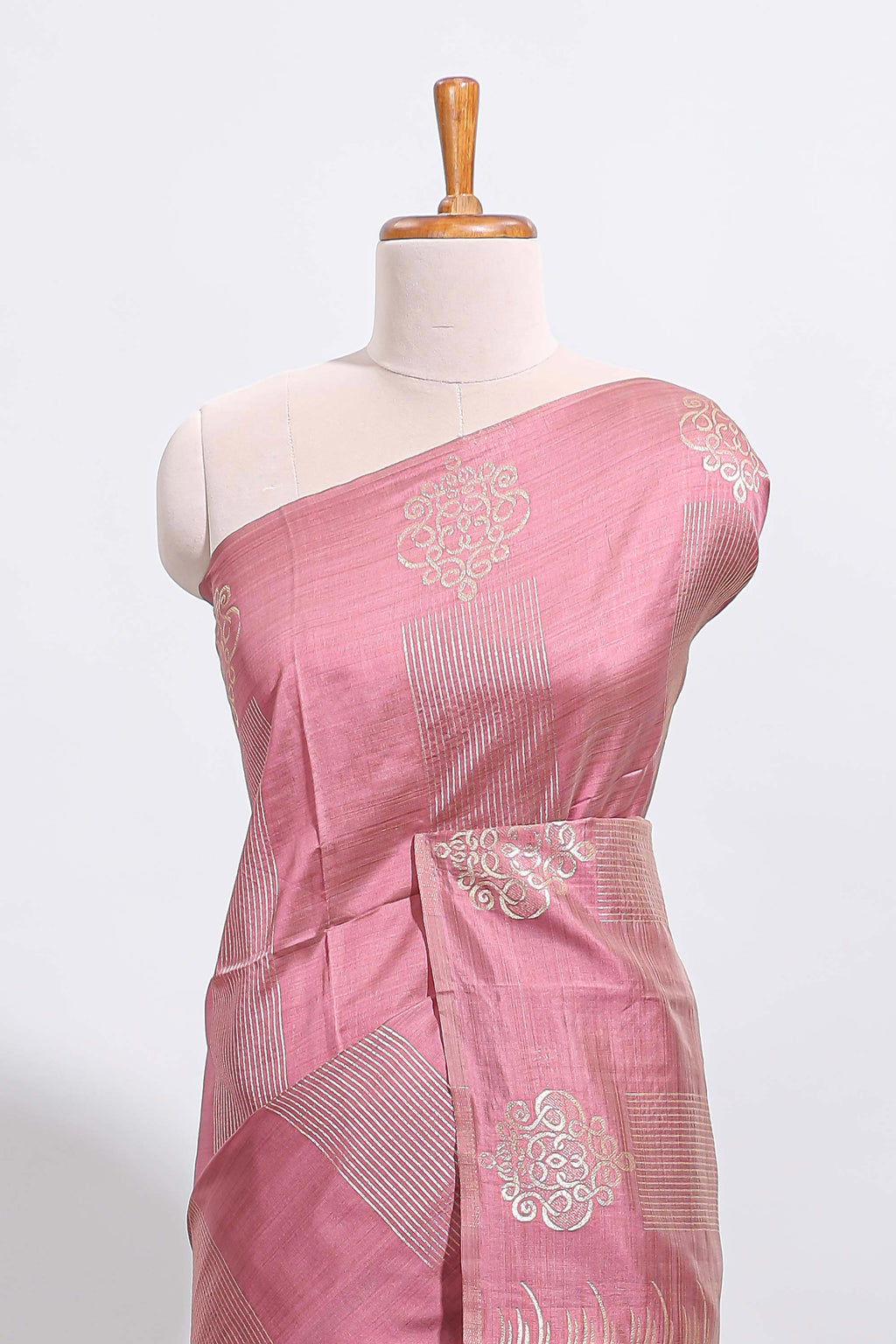 Borderless onion pink striped zari panels tussar saree with self pallu and matching blouse
