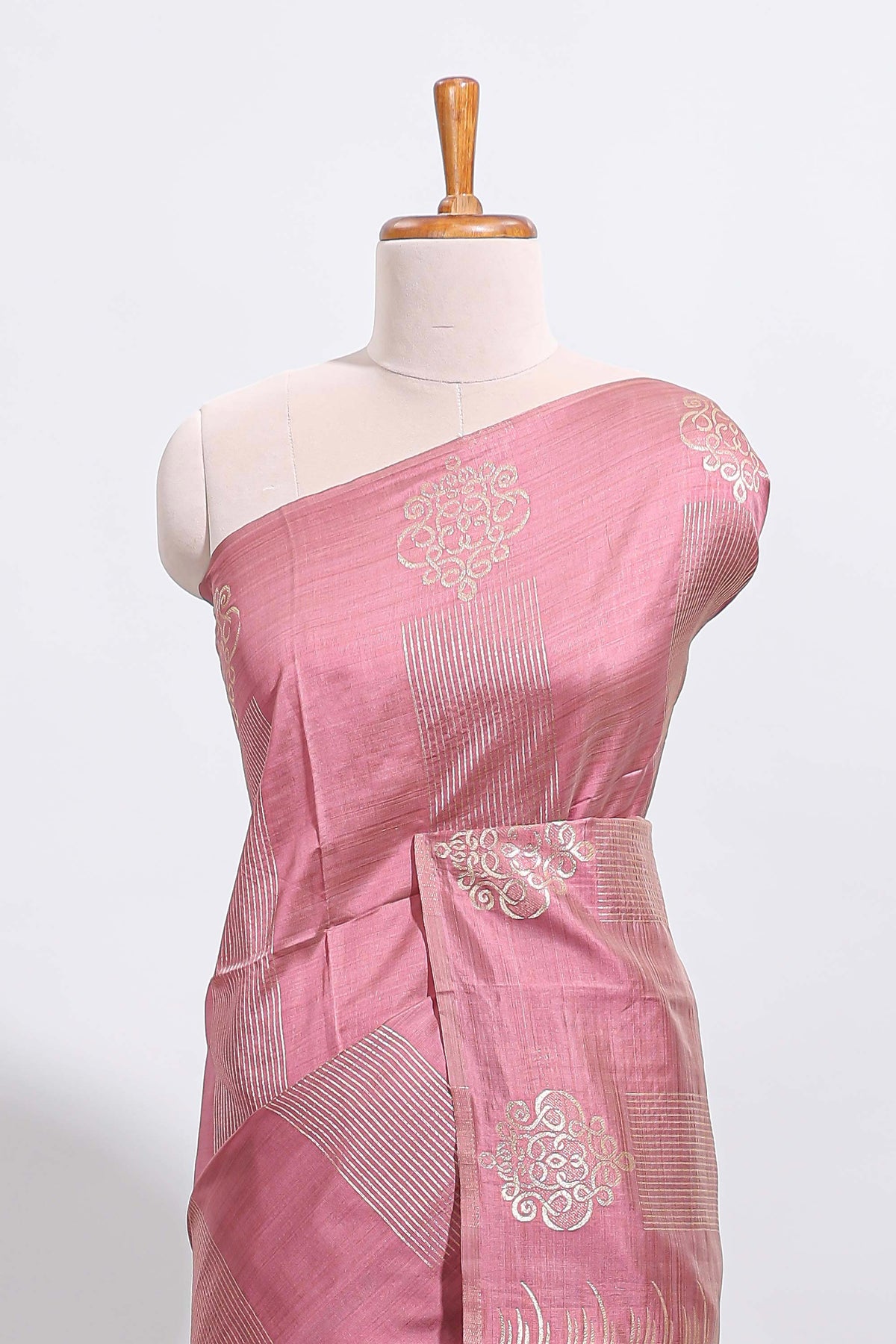 Borderless onion pink striped zari panels tussar saree with self pallu and matching blouse