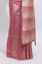 Borderless onion pink striped zari panels tussar saree with self pallu and matching blouse