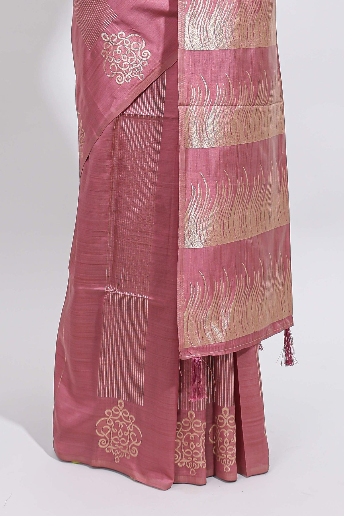 Borderless onion pink striped zari panels tussar saree with self pallu and matching blouse