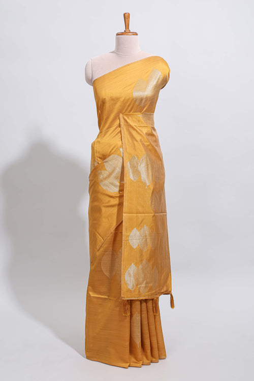 Borderless mustard yellow monochrome leafy motifs tussar saree with matching blouse