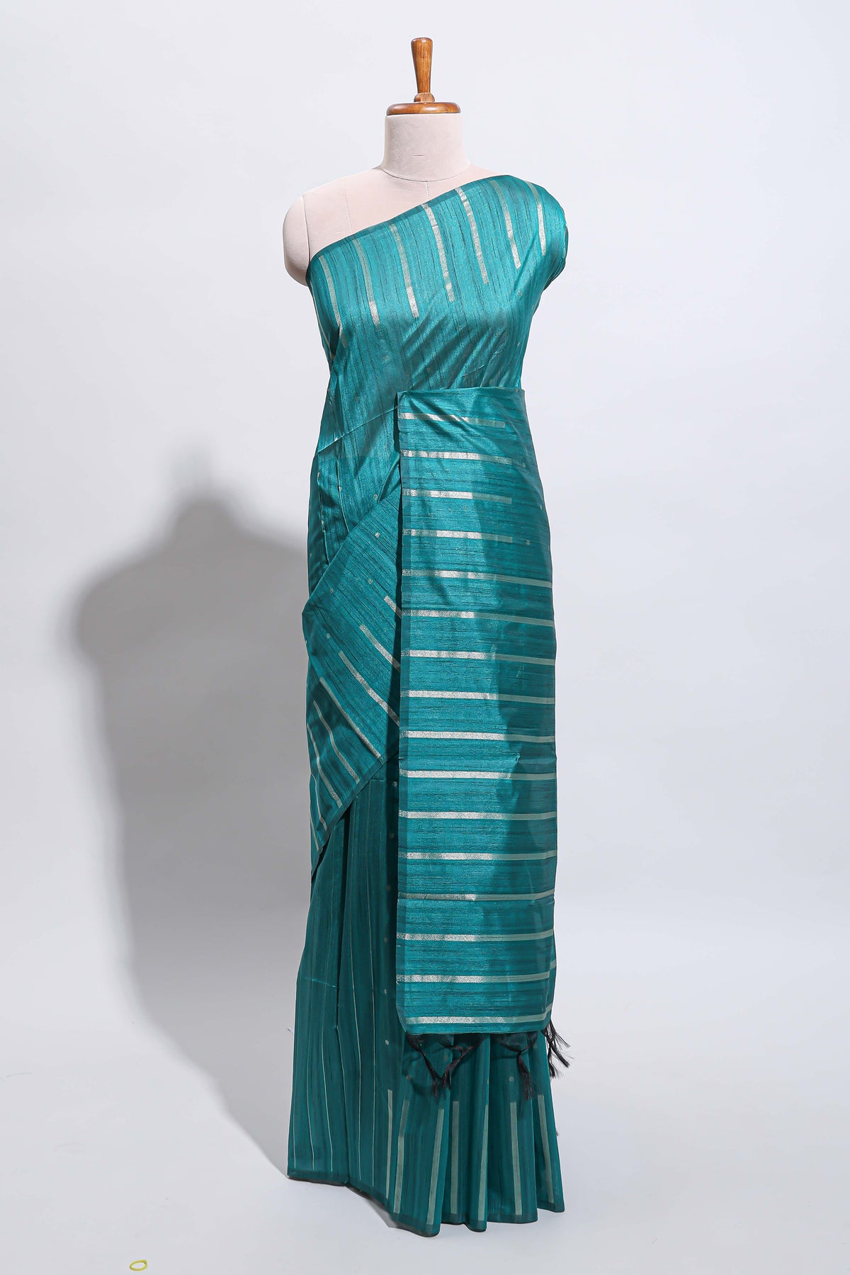 Borderless teal-peacock blue vertical zari striped and polka tussar saree with matching blouse