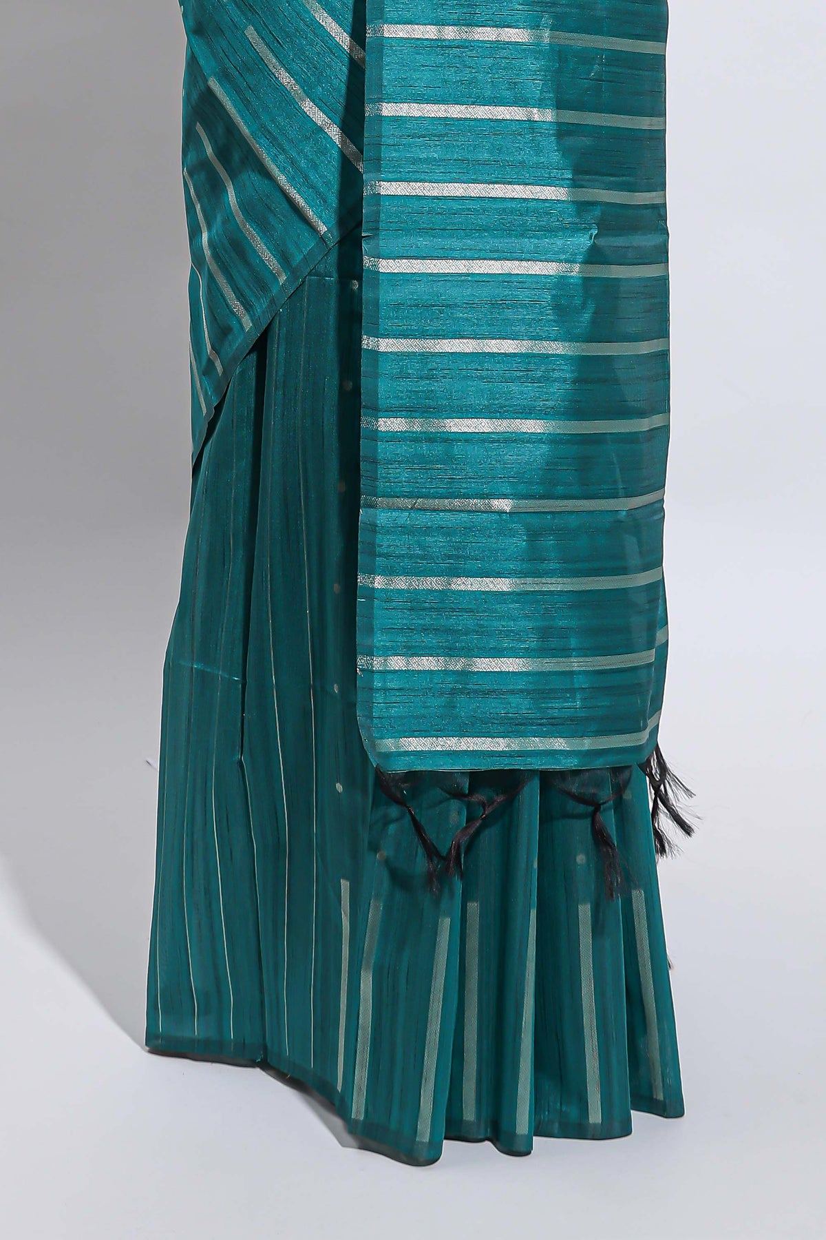 Borderless teal-peacock blue vertical zari striped and polka tussar saree with matching blouse