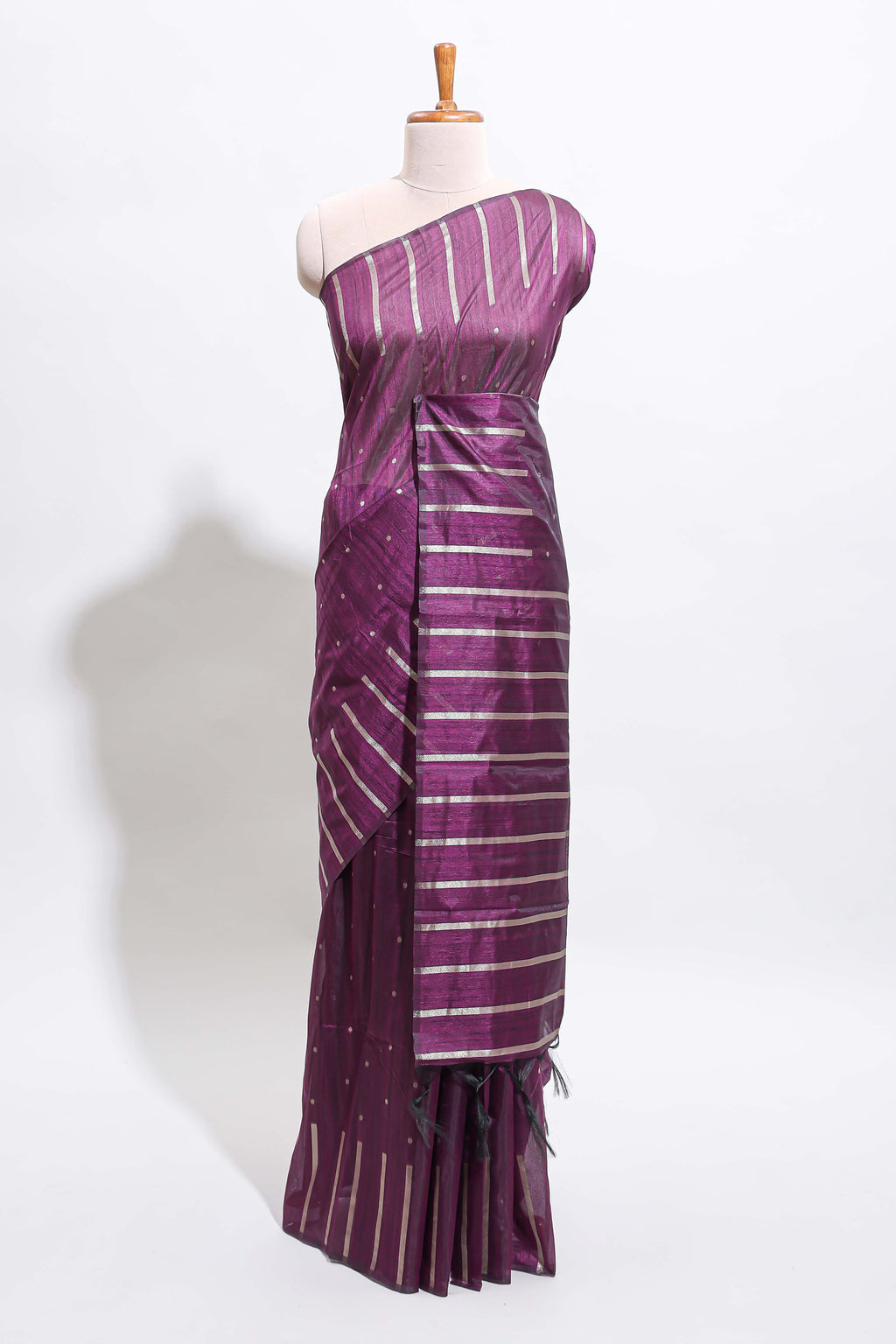 Borderless violet vertical zari striped and polka tussar saree with matching blouse
