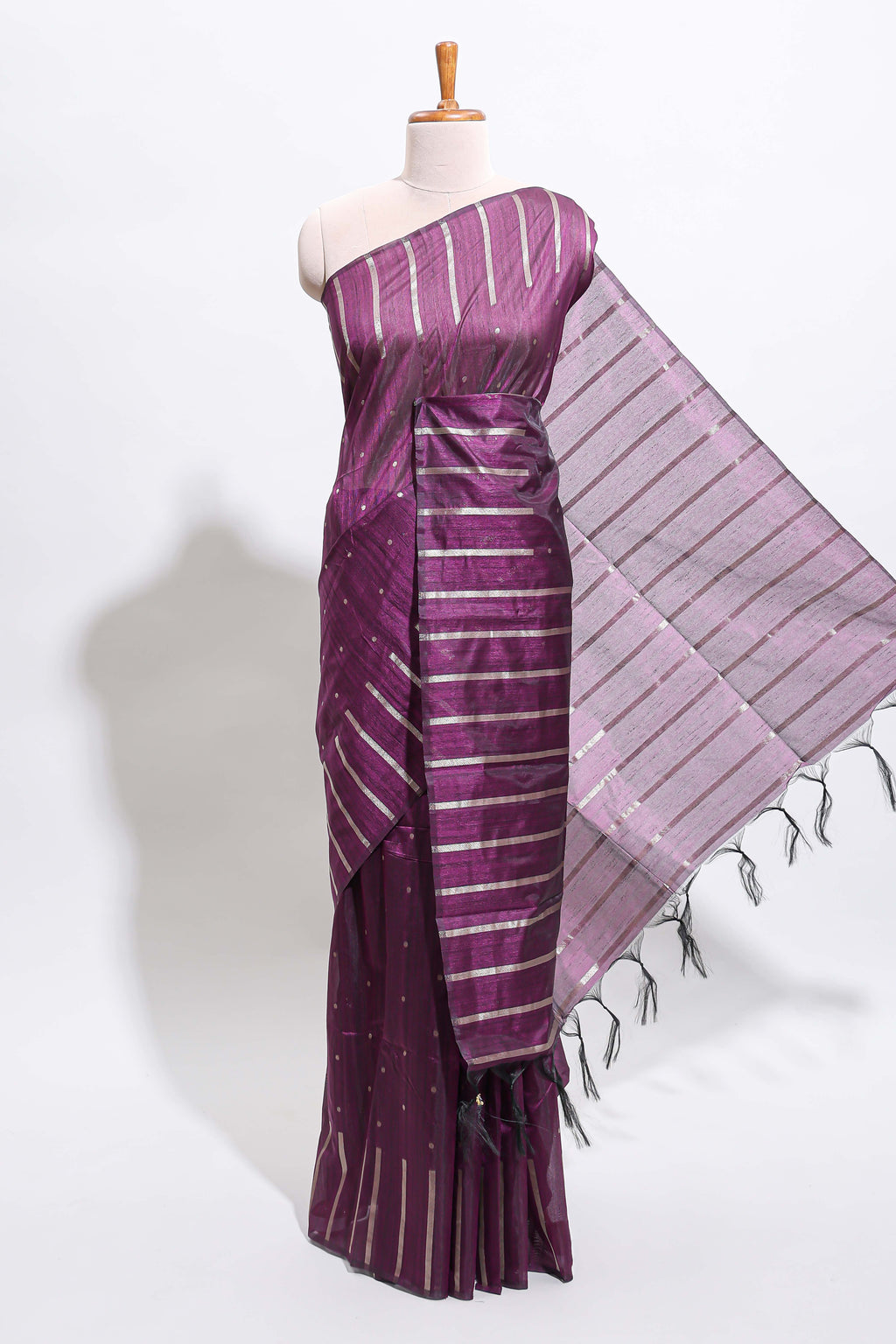 Borderless violet vertical zari striped and polka tussar saree with matching blouse